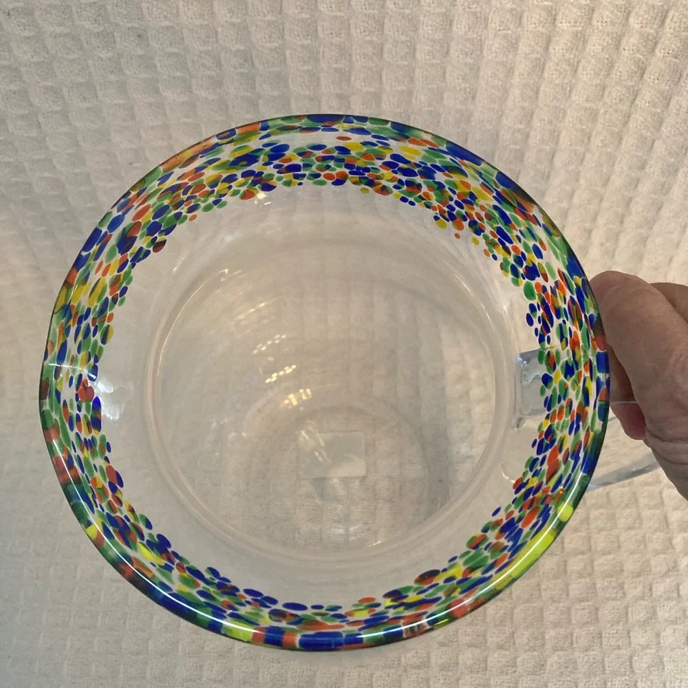 Crate & Barrel Fiesta Confetti Rim Hand Blown Pitcher With Applied Handle